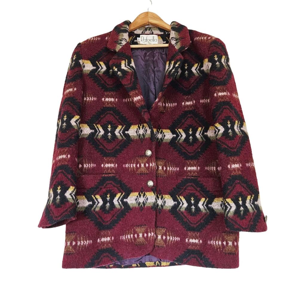 Vtg Rafaella Blazer Jacket Womens 12 Maroon Wool Blend Southwestern Aztec Boho